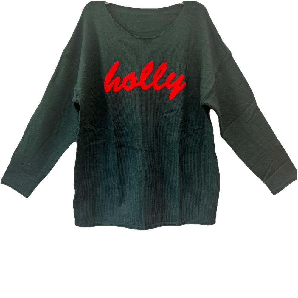 Boutique Women's Green "Holly" Script Long-Sleeve Cozy Sweater Size Large Viscos
